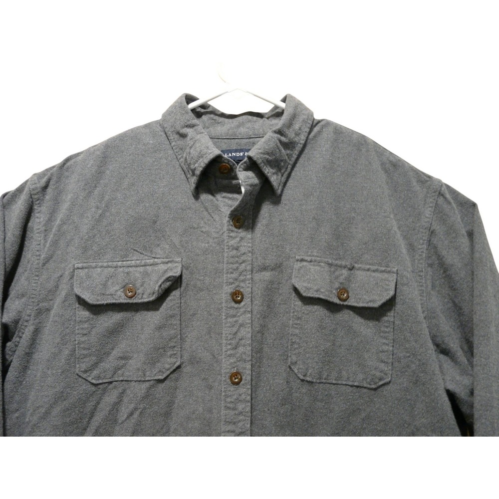 Lands' End Flannel Shirt Mens XL 17-17.5 Gray Double Flap Pockets 100% Cotton